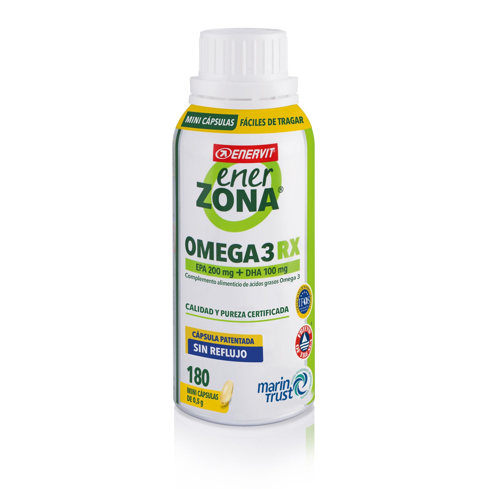 Enervit EnerZona Omega 3RX, Sin Retrogusto, Certificado IFOS, Suplementos de Ácidos Grasos Omega 3, 200mg EPA y 100mg DHA, para Corazón, Vista y Cerebro, Sin Gluten, 180 Cápsulas de 0,5g