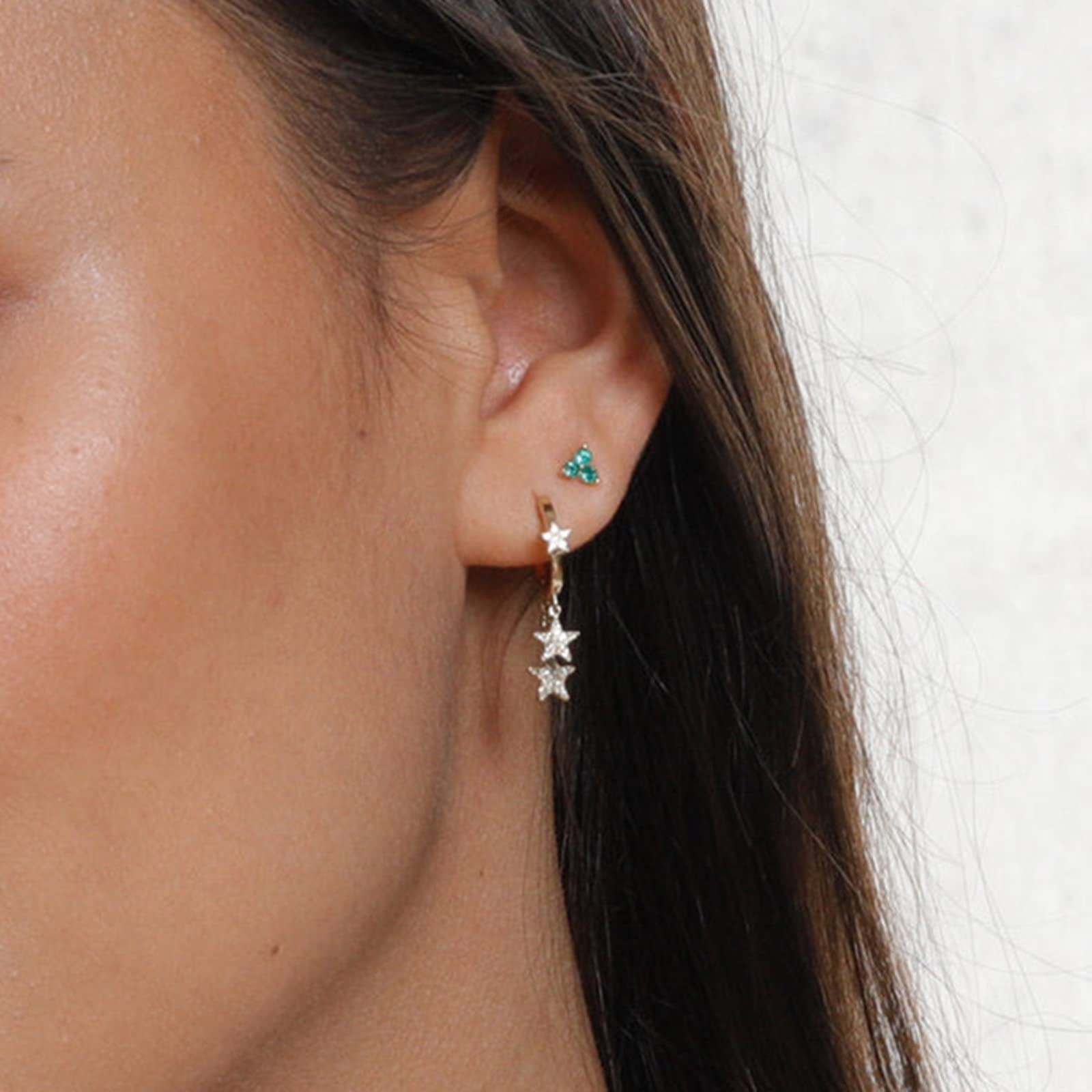 LLXYWJ 925 Silber Ohrringe Set, Creolen für Frauen mit baumelnden Sternen, kubischen Zirkonia, hypoallergener Knorpel-Piercing-Schmuck