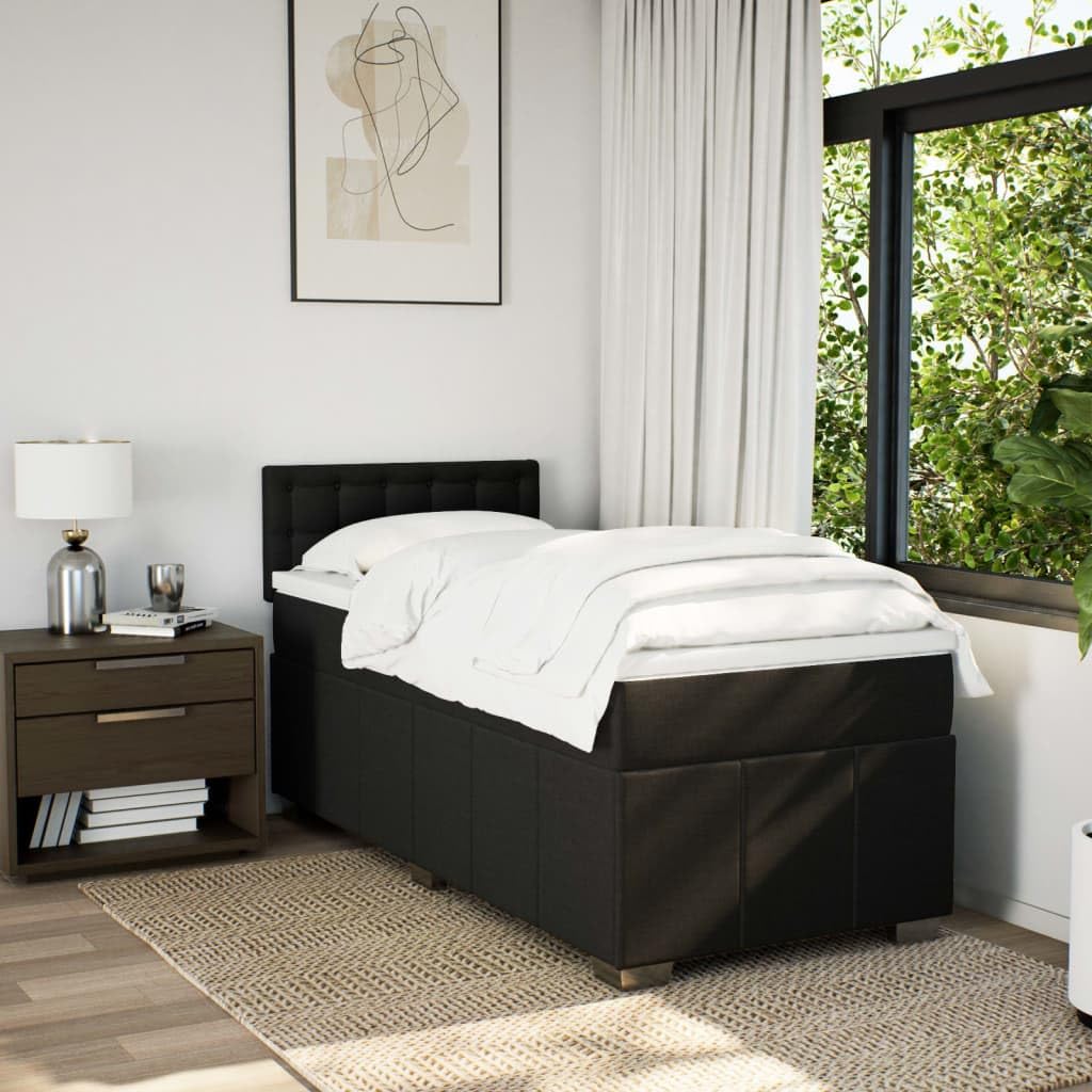 Cama con somier con colchón de 90 x 190 cm en tejido negro, núcleo de muelles ensacados, cabecero de altura ajustable, somier de láminas transpirable y resistente para un sueño reparador