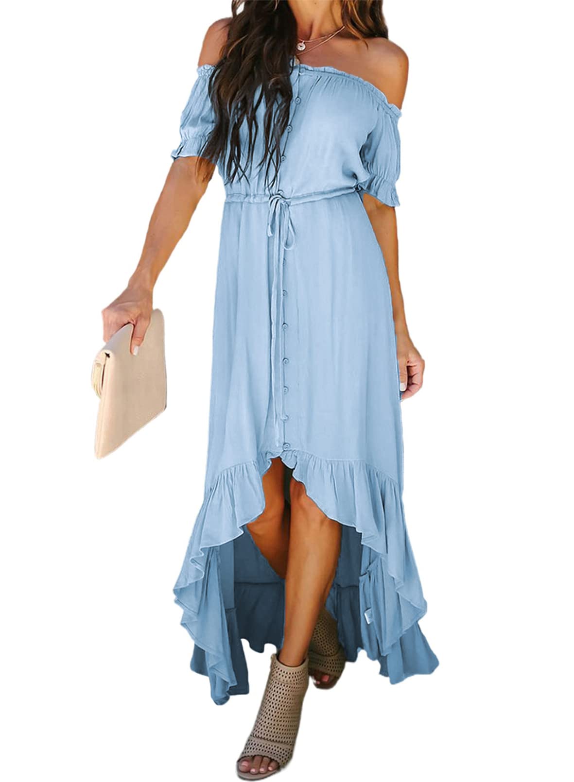 Womens 2022 Off The Shoulder Casual Short Sleeve Maxi Dress High Low Solid Cocktail Skater Dresses