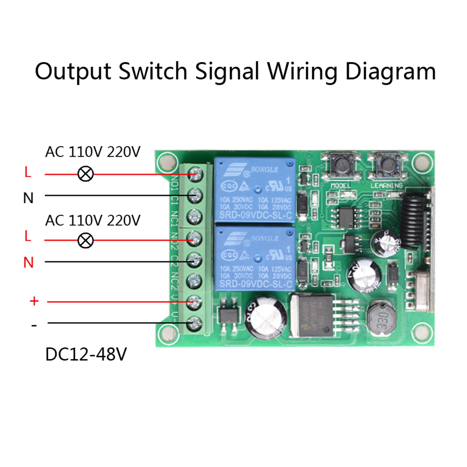 Récepteur radio universel à 2 canaux, 12-24 V, télécommande sans fil pour porte de garage, 10 A, 433 MHz, lumière du moteur, interrupteur de sortie relais