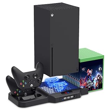 Vertical Stand for Xbox Series X/S with Cooling Fan, Charging Station for Xbox Series X/S with Controller Charger Dock and Game Rack Storage Organizer 3 USB Ports
