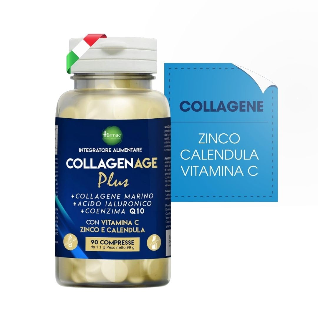 Collagene marino idrolizzato 1000mg + Acido Ialuronico 50mg + Coenzima Q10 30 MG per dose. Confezione da 45 tratamenti - arricchite con Vitamina C, Zinco e 100 mg Calendula - 90 Compresse