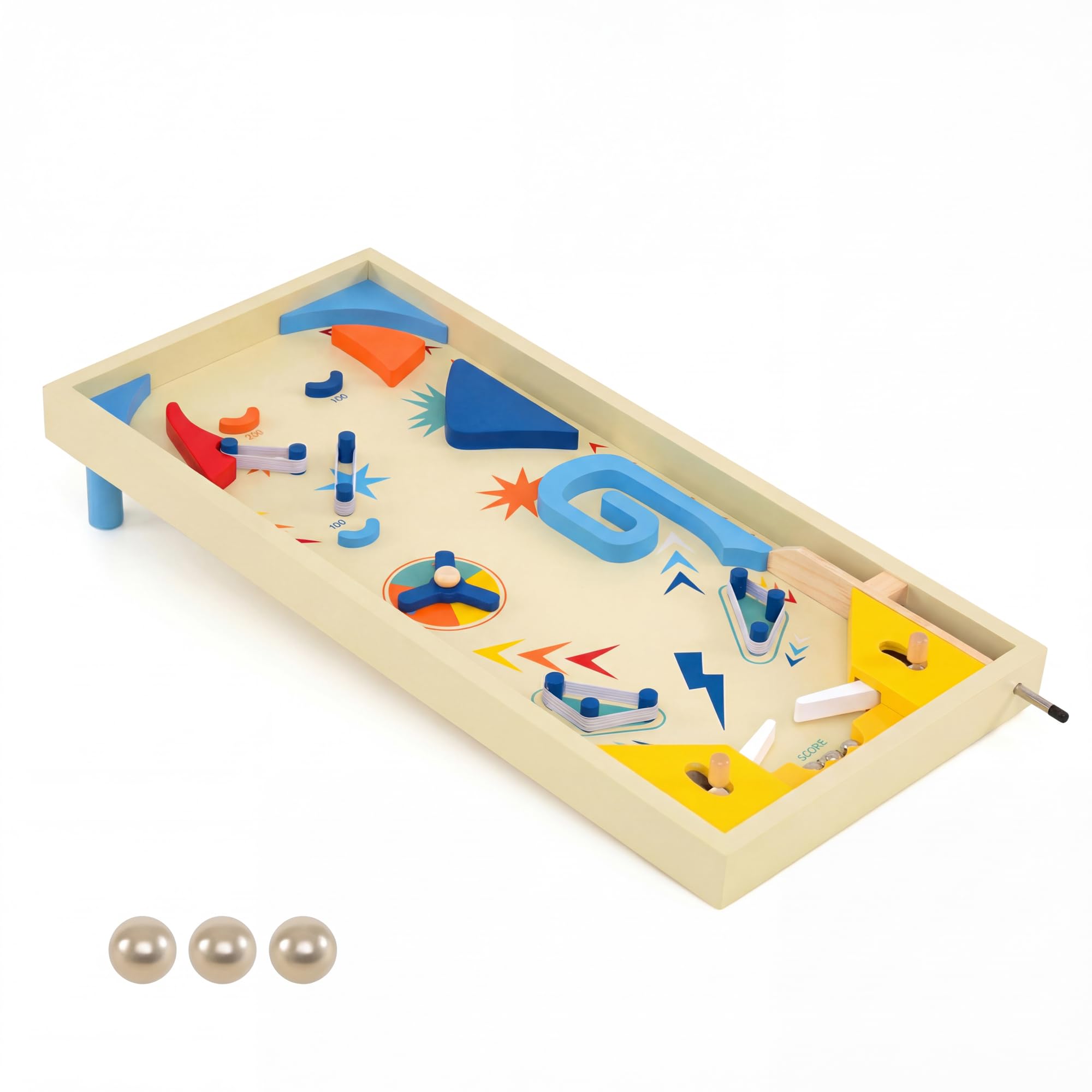 GOPLUS Flipper en Bois, Jeu de Société Enfant avec Piste Rotative & Score, Lanceur à Ressort, 2 Palettes, 3 Billes Métal, Pieds Amovibles, Développe Compétences Motrices pour Famille/Fêtes 6 Ans+