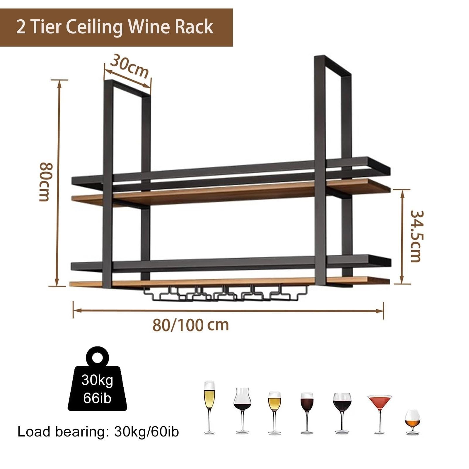 Estantes De Techo Botellero Colgante 2 Niveles Estante Almacenamiento Cocina Soporte Copas Vino Madera Maciza Montado Pared LOFT Bar