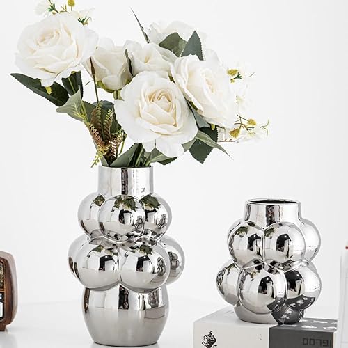 Jarrones modernos para la mesa, centros de mesa plateados de 8.78 pulgadas de alto para mesa de comedor, jarrón de flores de porcelana para bodas,