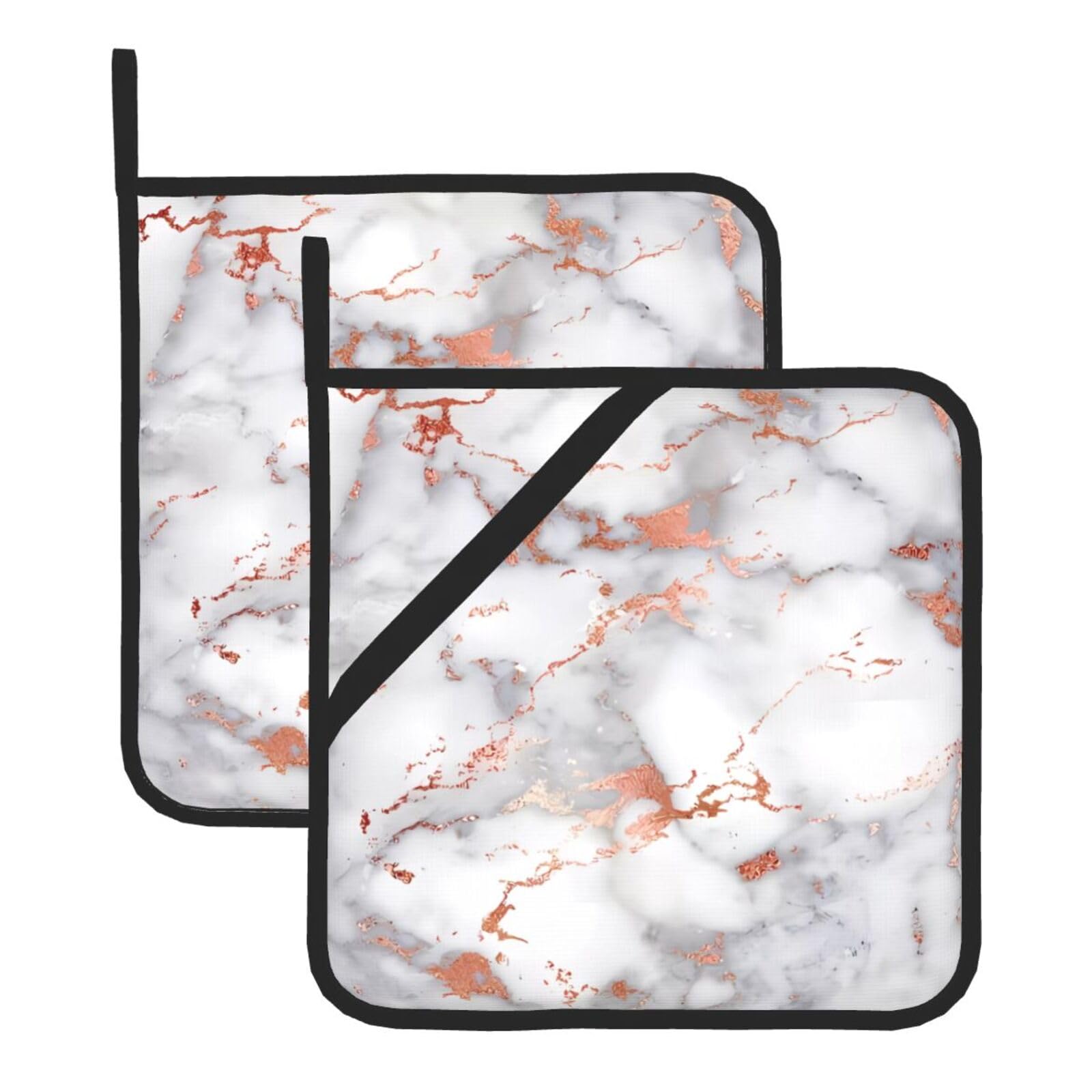WHJDPP Rose Gold Marble Prints Square Hot Pads for Kitchen - Waterproof Pot Holders Set of 2, Durable Trivets with Pocket & Hanging Loop for Hot Dishes & Oven Use