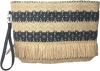 Fashion Culture Bree Striped Crocheted Straw Fringe Wristlet Clutch, Natural Black