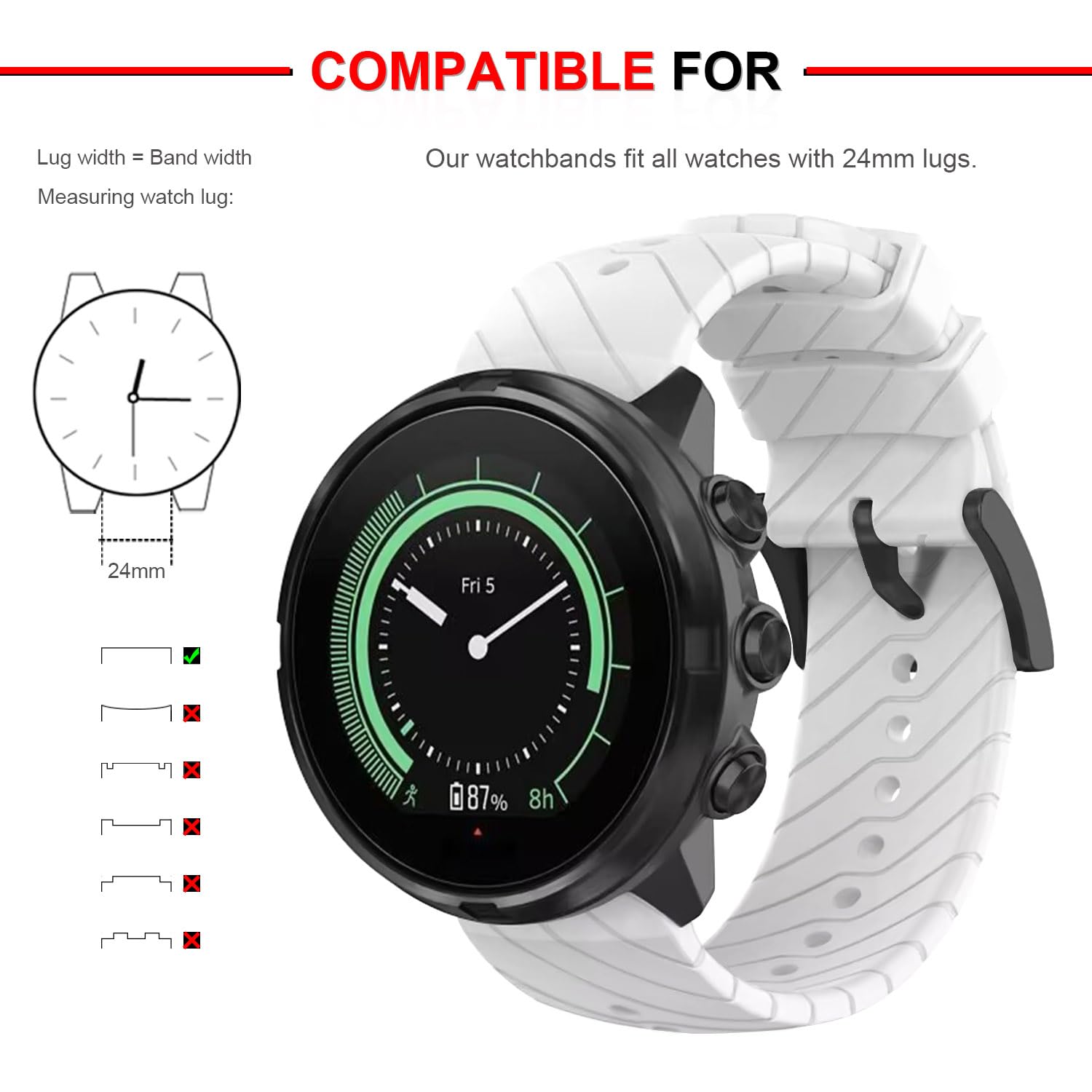 SeaFicco 24MM Silicone Watch Strap Compatible for Suunto 9 /Suunto 9 Baro/Suunto 7 /Suunto D5 /Suunto Spartan Sport Wrist HR Replacement Watchband Sports Fitness Watch Band (White) - Image 2