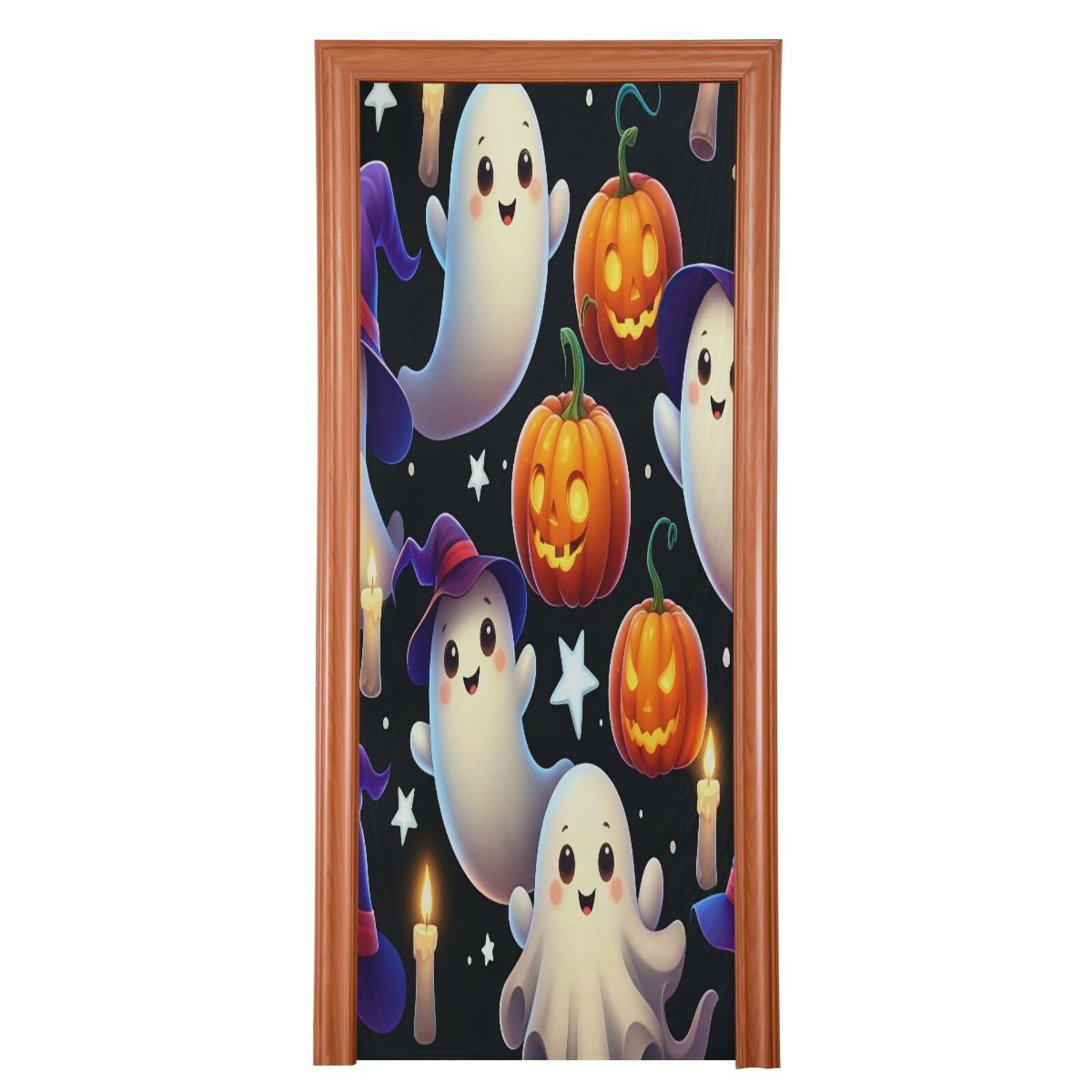Housse de porte Halloween citrouilles et fantômes de 90x205 cm pour décoration de fête