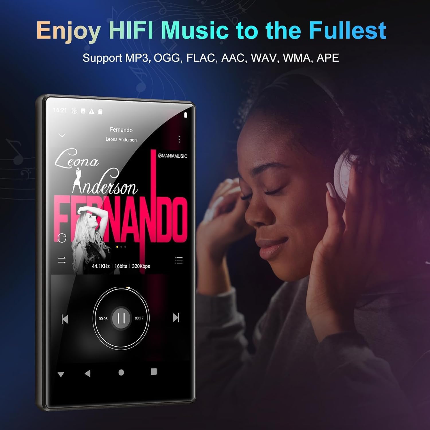Depan view of the Fanvace 5-inch Android MP3 Player with its screen displaying a colorful interface.