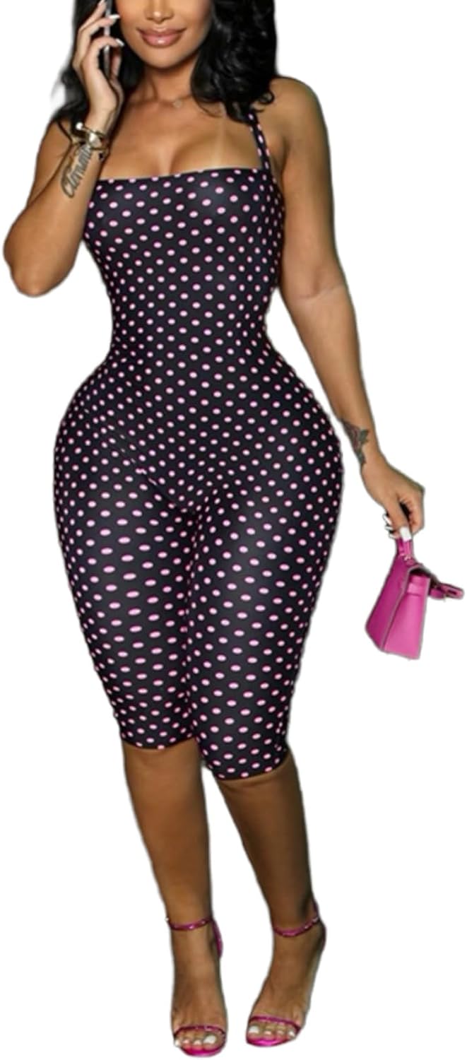Womens Sexy Vintage Polka Dot Jumpsuit Sleeveless Bodycon Club Party Night Out Outfits Cute Print Streetwear for Women