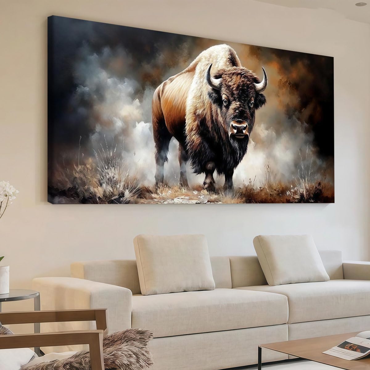 Obraz ścienny z motywem dzikiego żubra w zakurzonym polu do salonu, sypialni lub biura (20 x 40 cm/z ramą)
