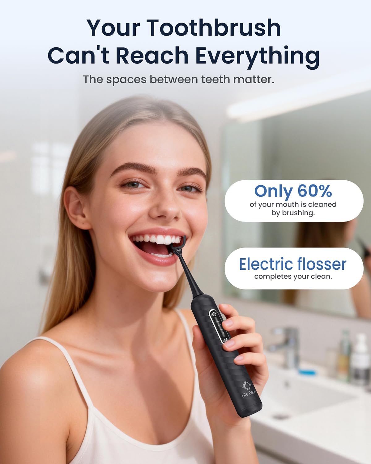 LifeBasis Elektrische Zahnseide mit 38.000 Vpm, 3 Modi & 50 Aufsätzen | Alternative zu Wasserzahnseide, Munddusche & Zahnseide Sticks , 60 Tage Akku für Interdentalreinigung & Tägliche Mundpflege