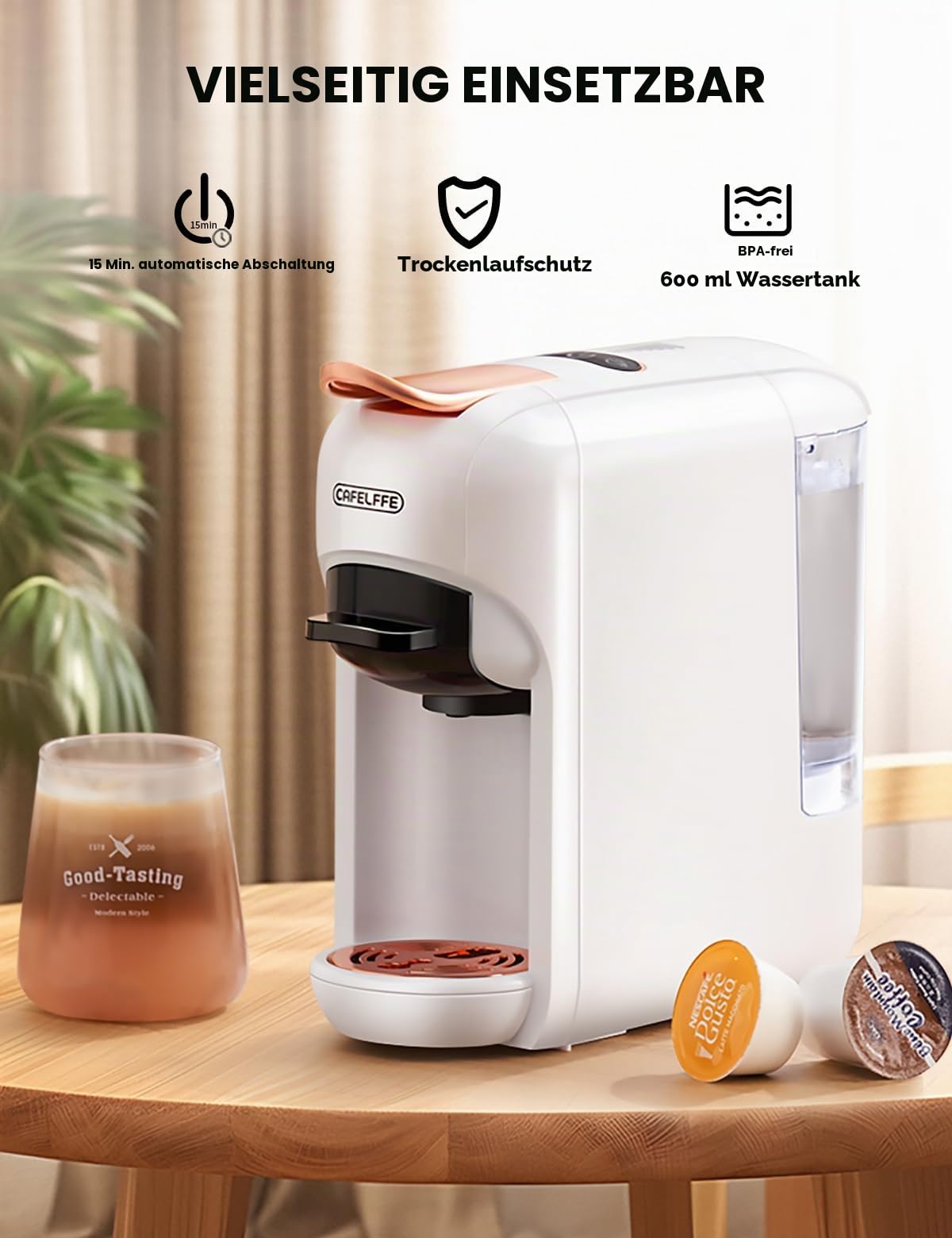 CAFELFFE 5-in-1-Kapsel kaffeemaschine MK606,Heiß-/Kaltbrüh,19 Bar, für Nec* Original-,DG*-, Kcup-Kapsel,ESE-Pads und Kaffeepulver,Erp2-Energiesparmodell,0,6L Wassertank,Weiß,Geschenke machen