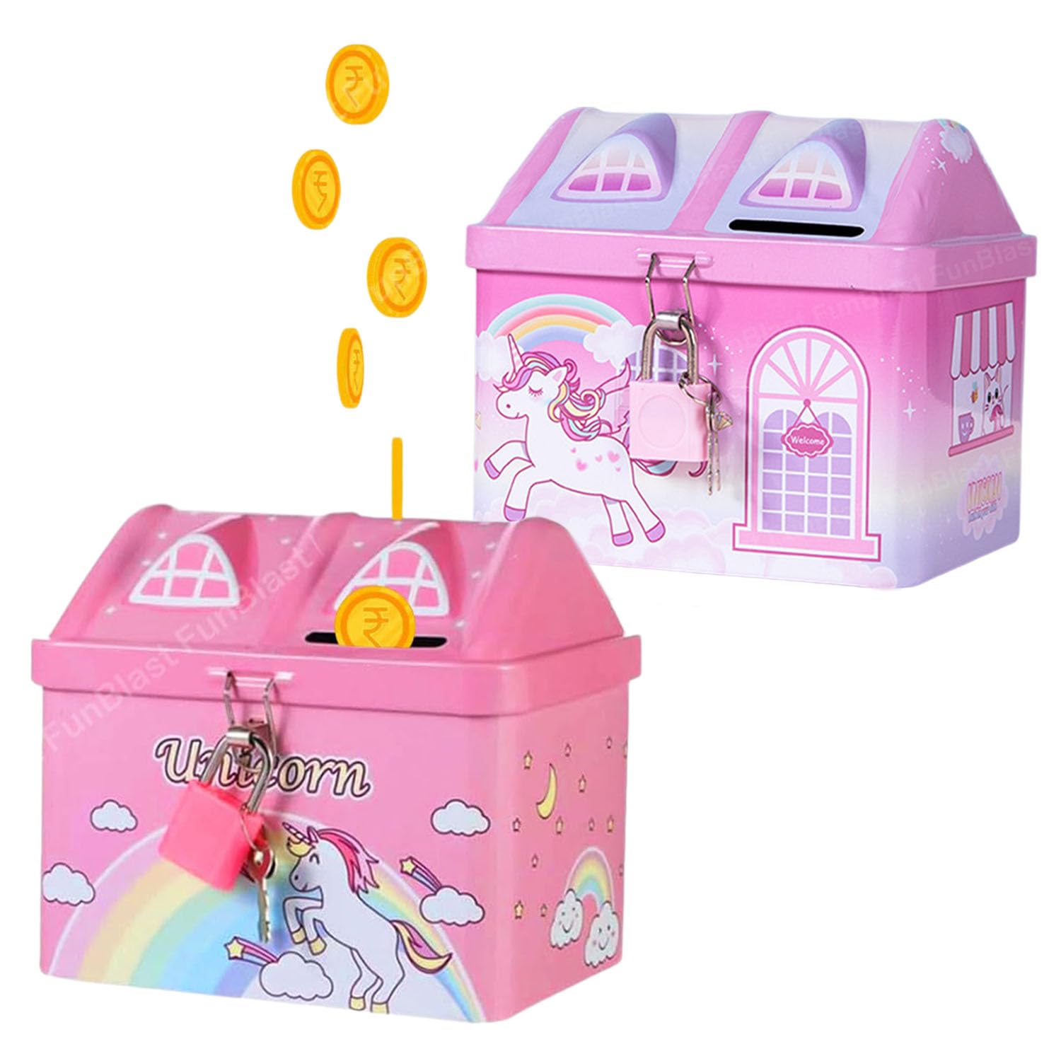 FunBlast Piggy Bank for Kids - Unicorn Coin Box for Kids, Metal Coin Box with Lock & Key, Money Bank for Kids, Birthday Return Gift for Boys and Girls (Pack of 2 Pcs) - Color May Vary (B09NTVGQ9P) Amazon Price History, Amazon Price Tracker