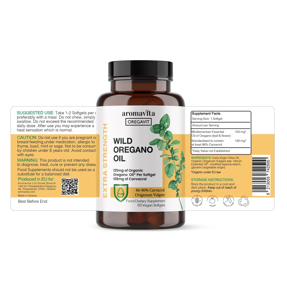Olio Selvatico Vegano di Origano Capsule Biologico, 86-90% Carvacrolo - Supporto Immunitario e Digestivo, Antiossidante Naturale, Vegano, Non OGM, 60 Capsule (60 Sofgel/1 Confezione)