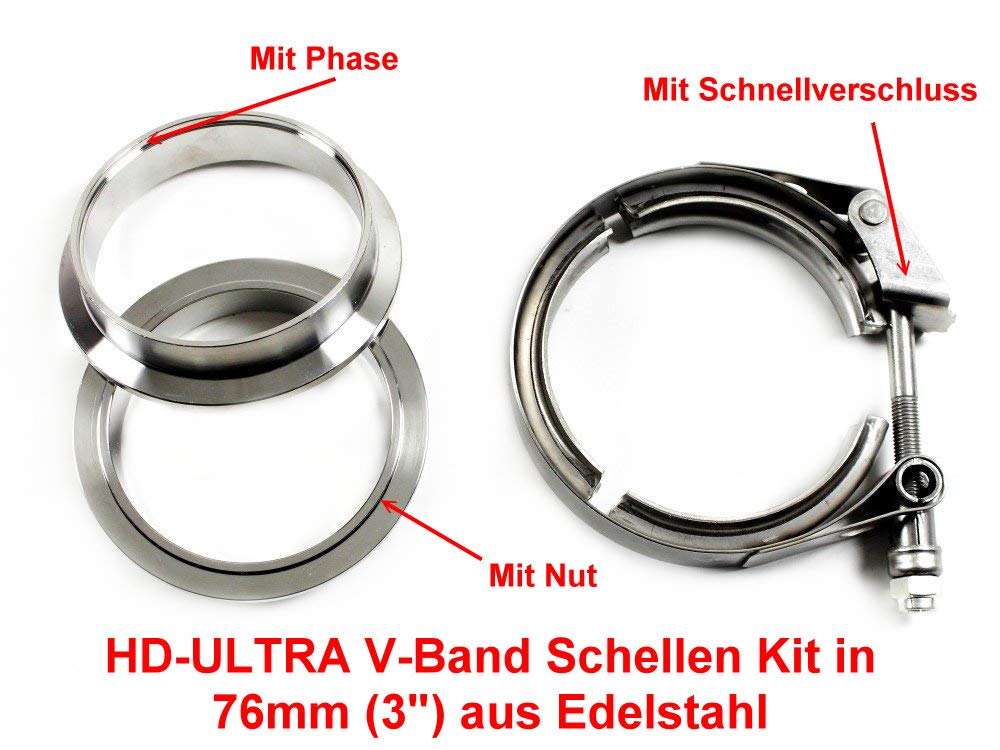 X-Parts V-Band Schelle SET mit FLANSCH 76mm 3" Turbo Wastegate Auspuff Gr.A Turbolader GT30 GT35 GT28 Garrett T3 T4 V2A Edelstahl mit Anschweißringen 3" Zoll VR6 Turbo R32