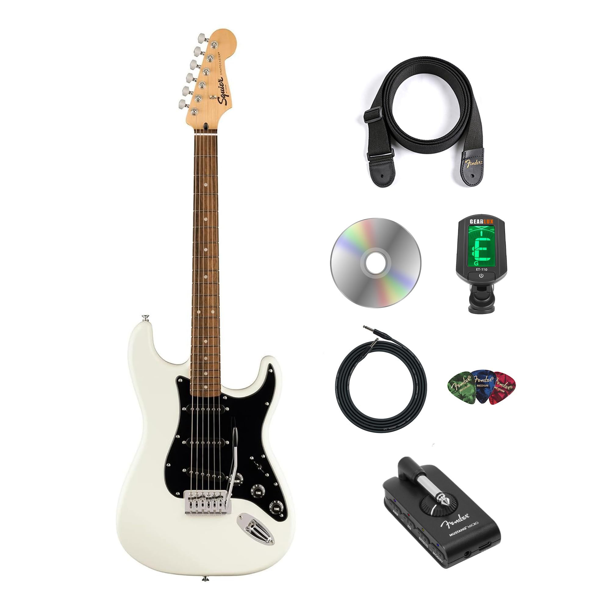 Fender Squier Sonic Stratocaster - Arctic White Bundle with Mustang Micro Headphone Amplifier, Instrument Cable, Tuner, Strap, Picks, and Austin Bazaar Instructional DVD