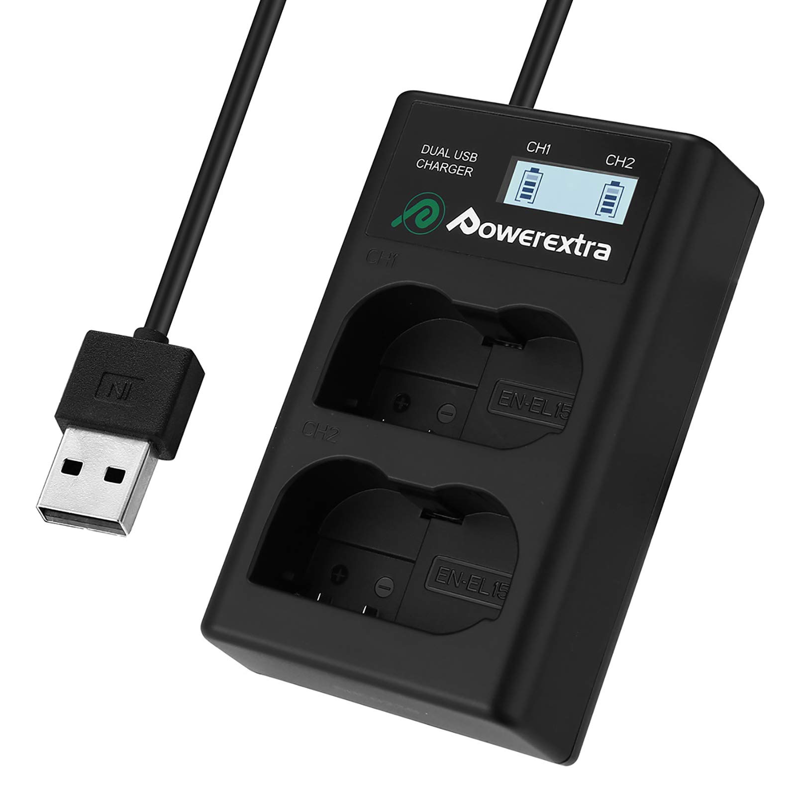 The Powerextra Dual USB Battery Charger with its logo and LCD display, ready for use.