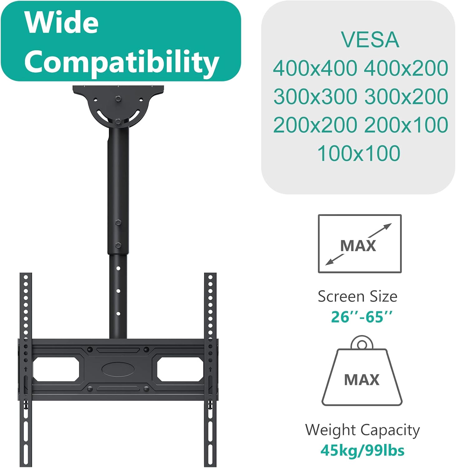 WALI Ceiling TV Mount, Full Motion Adjustable TV Mount Bracket Fits Most LED, LCD, OLED 4K TVs 26 to 65 inch, up to 99lbs, Mounting Holes 400x400mm (CM2665-P), Black