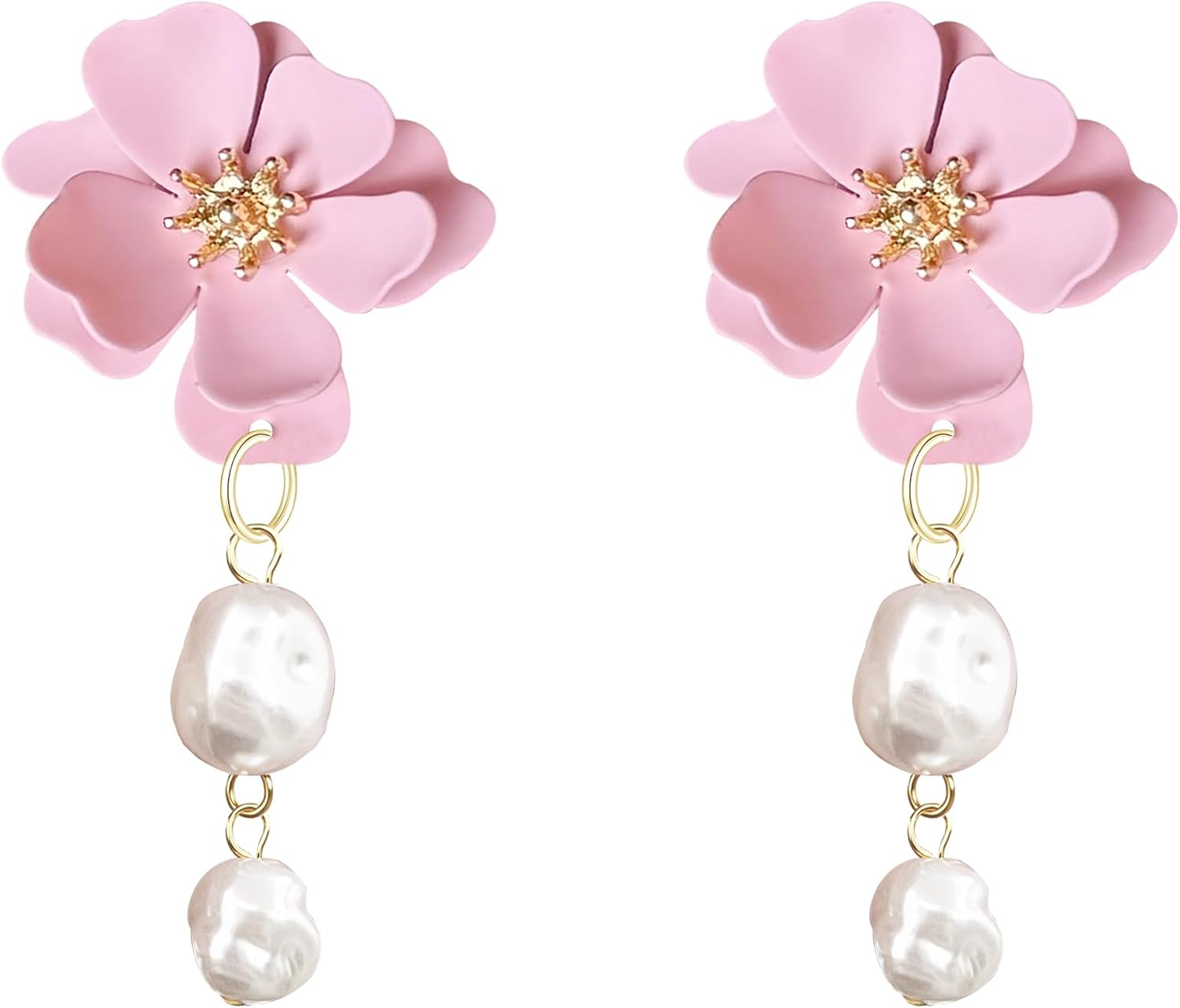 Gold Plated Floral Flower 2 Pearl Tassel Earrings for Women Bohemian Drop Dangle Earrings