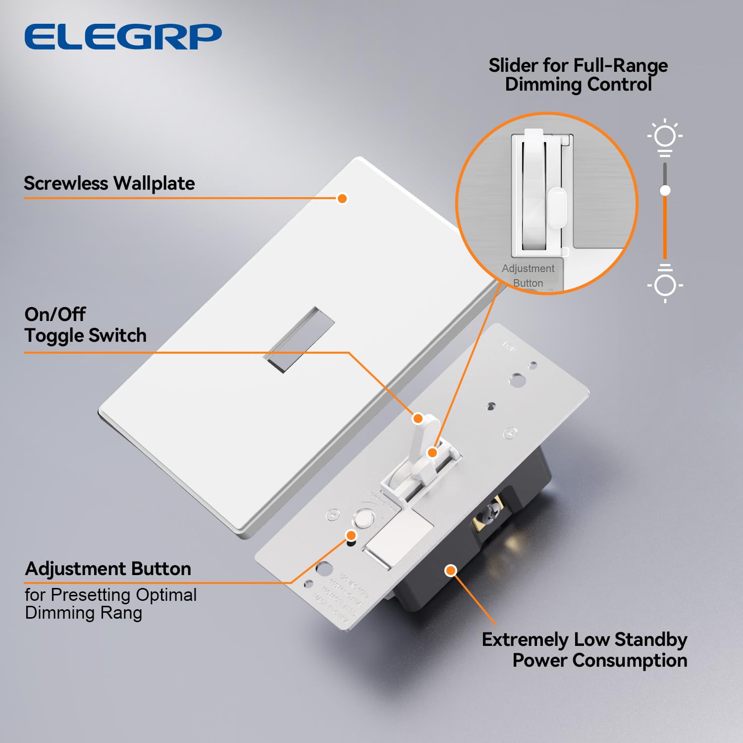 ELEGRP Dimmer digitale per LED dimmerabile, interruttore della luce dimmerabile monopolare o LED a levetta a 3 vie, piastra da parete senza viti inclusa, certificazione UL, confezione da 6, bianco