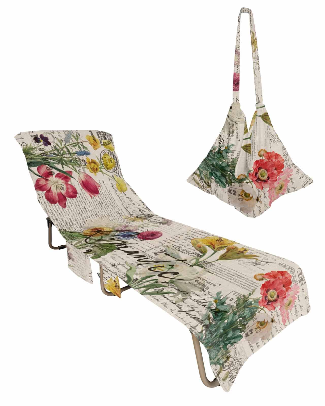 Beige Floral Beach Lounge Chair Towel Cover, Soft Chaise Lounge Towel with Side Pockets Patio Pool Chairs Cover for Beach/Pool Sunbathing 29x85 Vintage Botanical Romantic Shabby Flowers