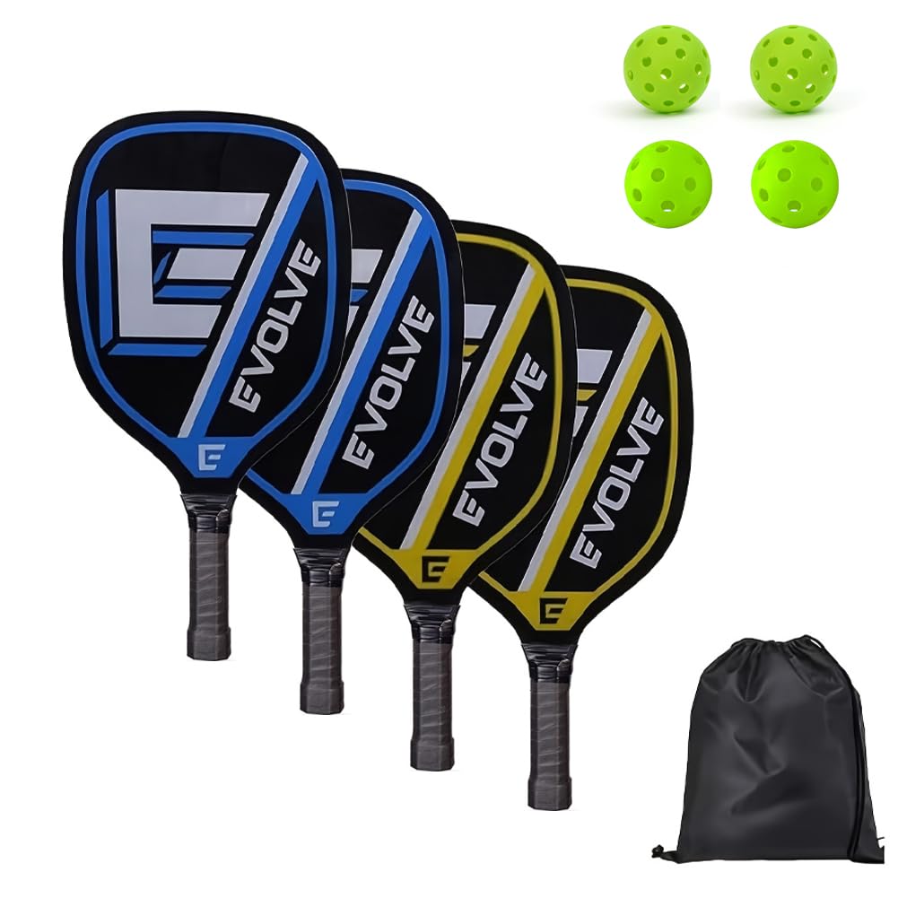 Pickleball - Juego de raquetas de remo para pickleball con 4 remos, 4 pelotas y 1 bolsa de transporte, para principiantes y jugadores recreativos, para exteriores e interiores