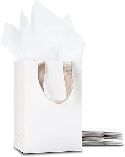 YACEYACE - Bolsas de regalo pequeñas blancas con papel de seda 10 bolsas de regalo de papel blanco pequeñas de 525 x 375 x 8 pulgadas con asas a