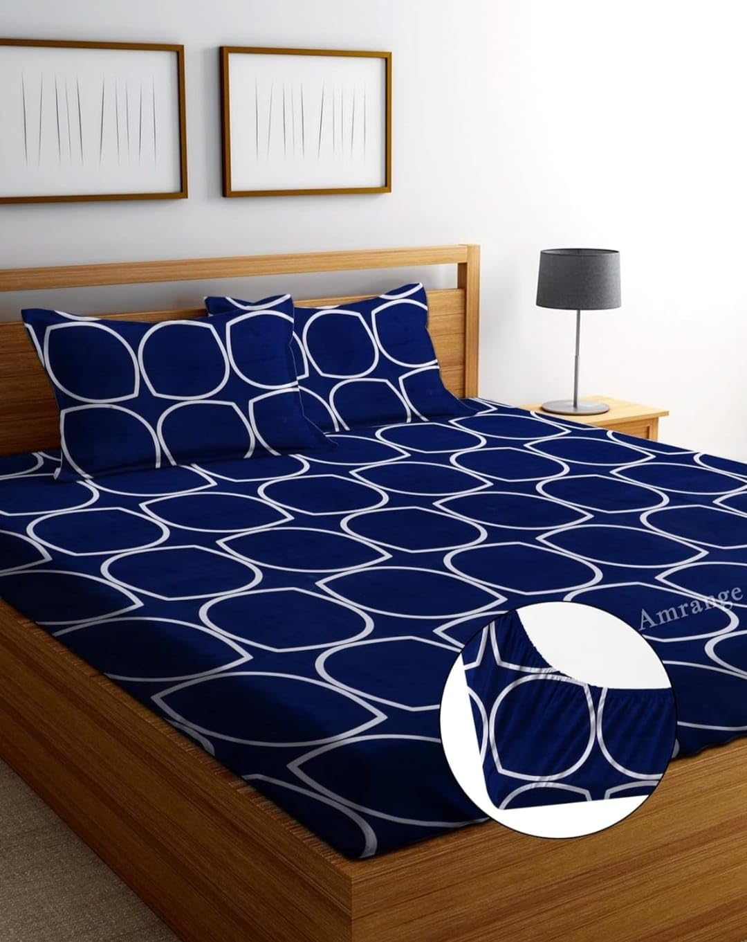 Cotton Feel Glace Cotton Elastic Fitted Printed King Size Double Bed Bedsheet with 2 Pillow Covers and Fits Upto 8 inches Mattress, Size- 72"x78" Saffro 4153