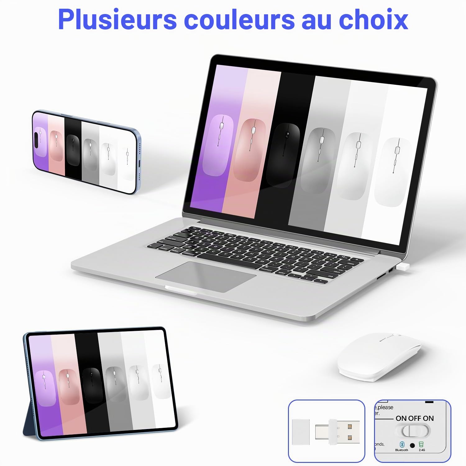 Souris Bluetooth sans Fil pour MacBook Pro/Air/Mac/iPad/Ordinateur Portable/Bureau/Mac/PC/Ordinateur/téléphone - Souris de Bureau Portable Fine et silencieuse avec Adaptateur USB-C 2,4 GHz