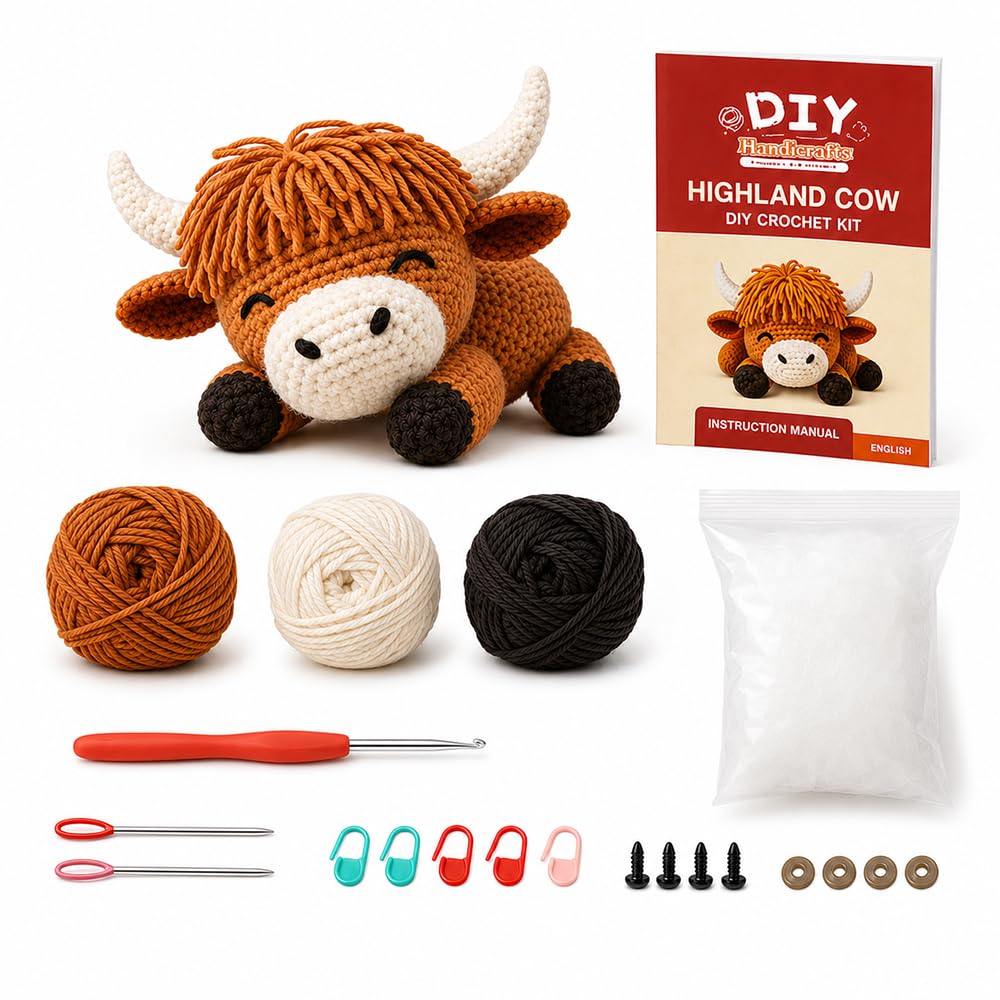XPJBKC Highland Cow Learning Crochet Kit for Beginners, DIY Handgemachte Positive Crochet Animals, Highland Cow Gifts für Erwachsene und Kinder Zum Geburtstag & Feiertag mit Gedruckter Anleitung