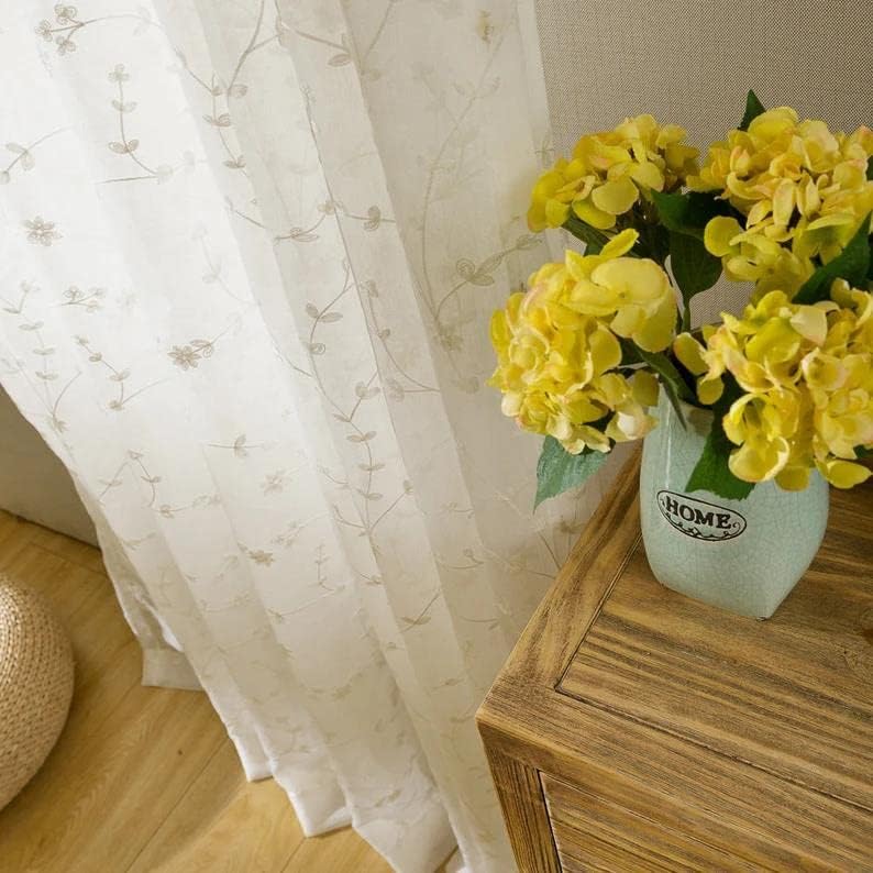 Floral Vine Embroidered Sheer Voile Bedroom Curtains Rod Pocket Voile Window Curtain for Living Room, Set of 2 Panels (54x96 Inch(W x L))