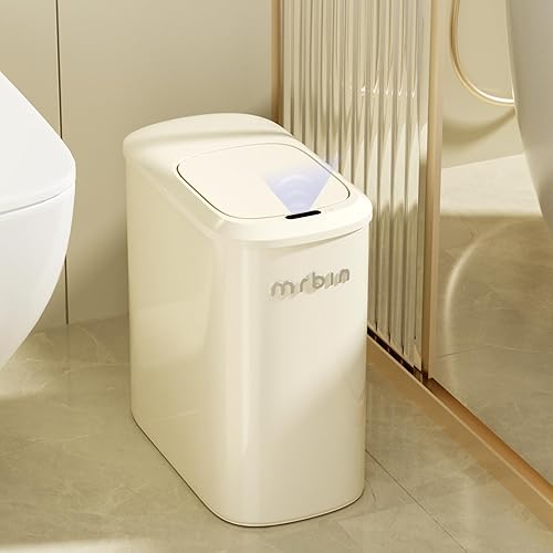 MRBIN - Cubo de basura de baño con sensor de movimiento de metal con tapa y ruedas, 10L/2.6 galones, papelera eléctrica estrecha y removible