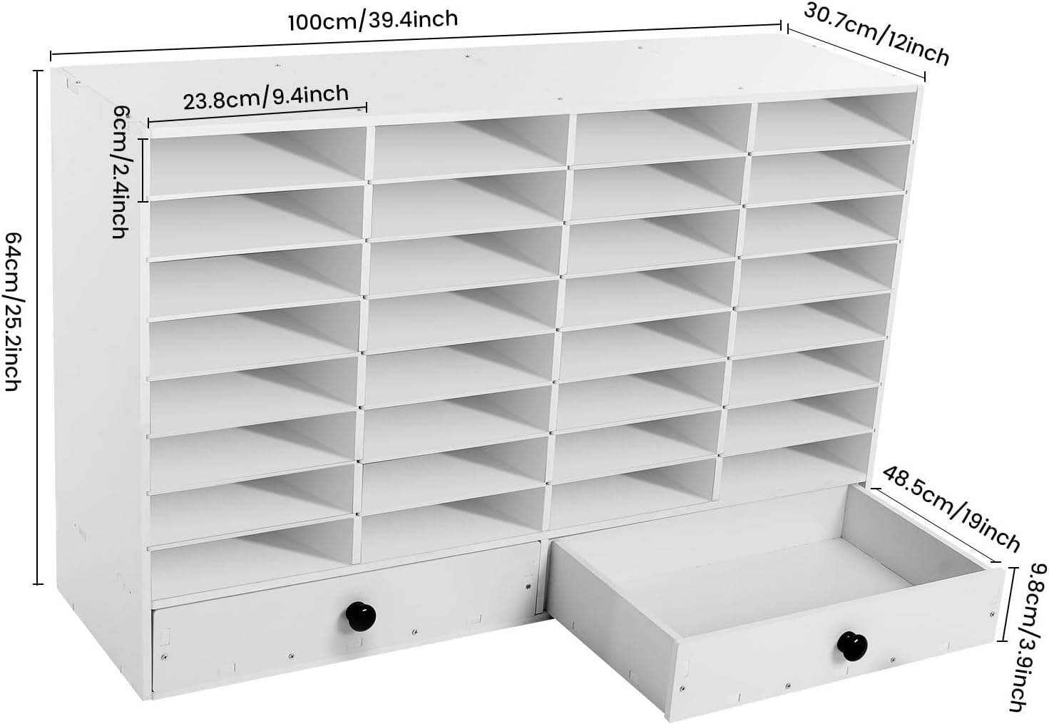 39.4 * 12 * 25.2in Literature Organizers, 32 Compartments Office Mailbox Classroom Mailbox Organizer Literature Sorter Shelf Organizer 110 Lbs Capacity Removable Dividers Dual Drawers