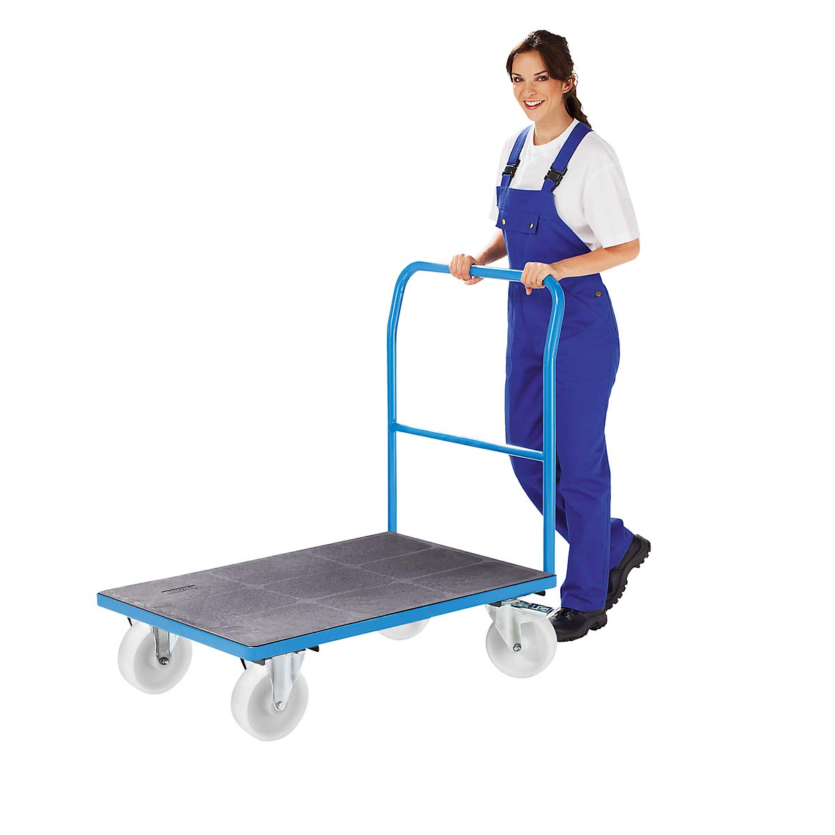 eurokraft | Plattformwagen | Rohrschiebebügel | Polyamidreifen | LxB 1050 x 700 mm | lichtBlau
