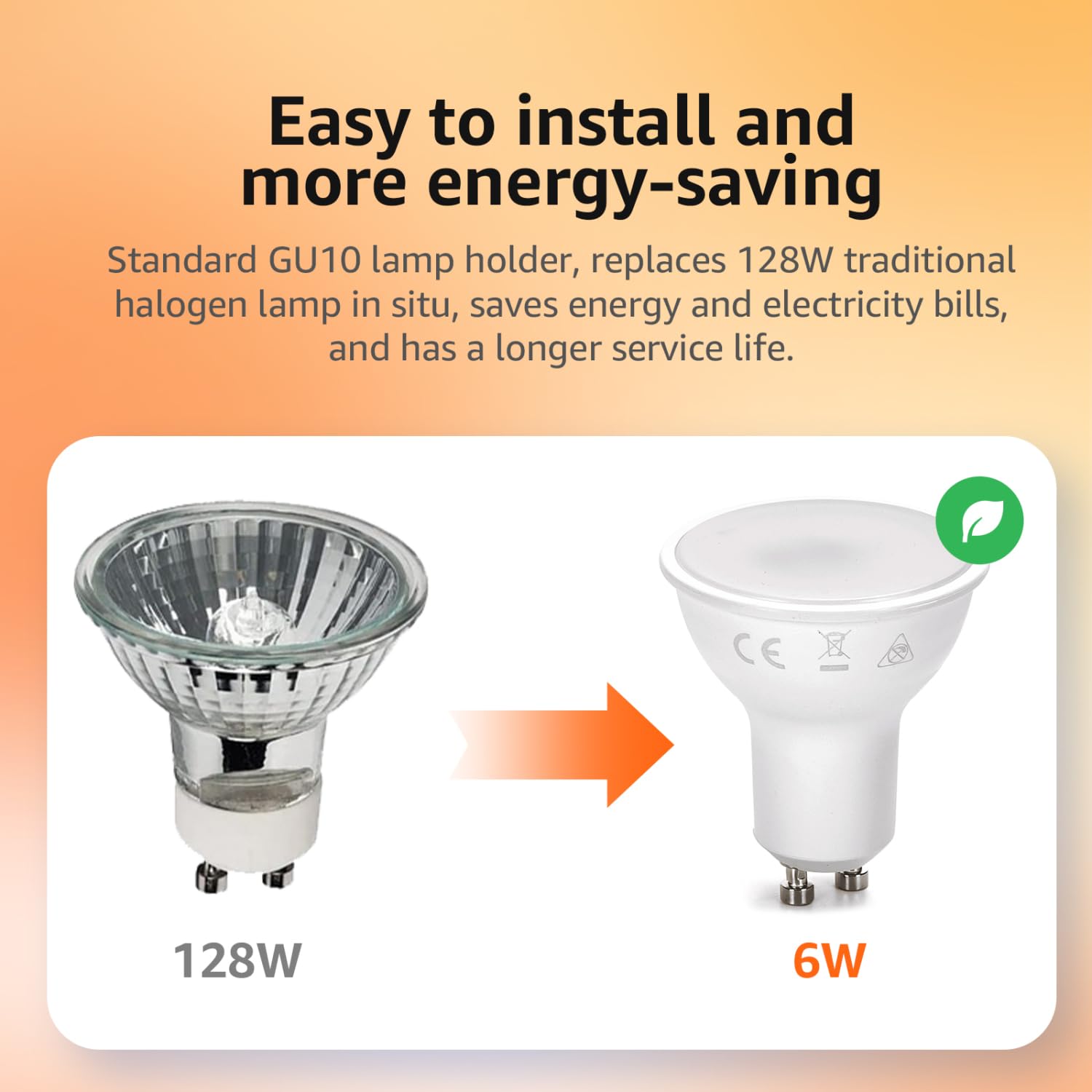 Ampoule LED GU10 6W Équivalent Halogène 128W, 3000K Blanc Chaud, 945 Lumens LED Ampoule Spot Non-Dimmable, Lot de 10