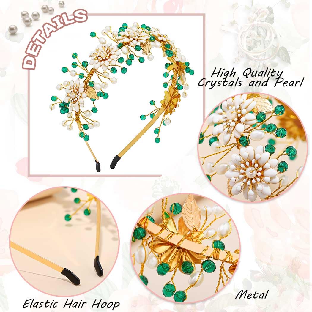 Urieo Cerchietto per capelli da sposa con fiore verde con cristalli, accessorio per capelli da donna