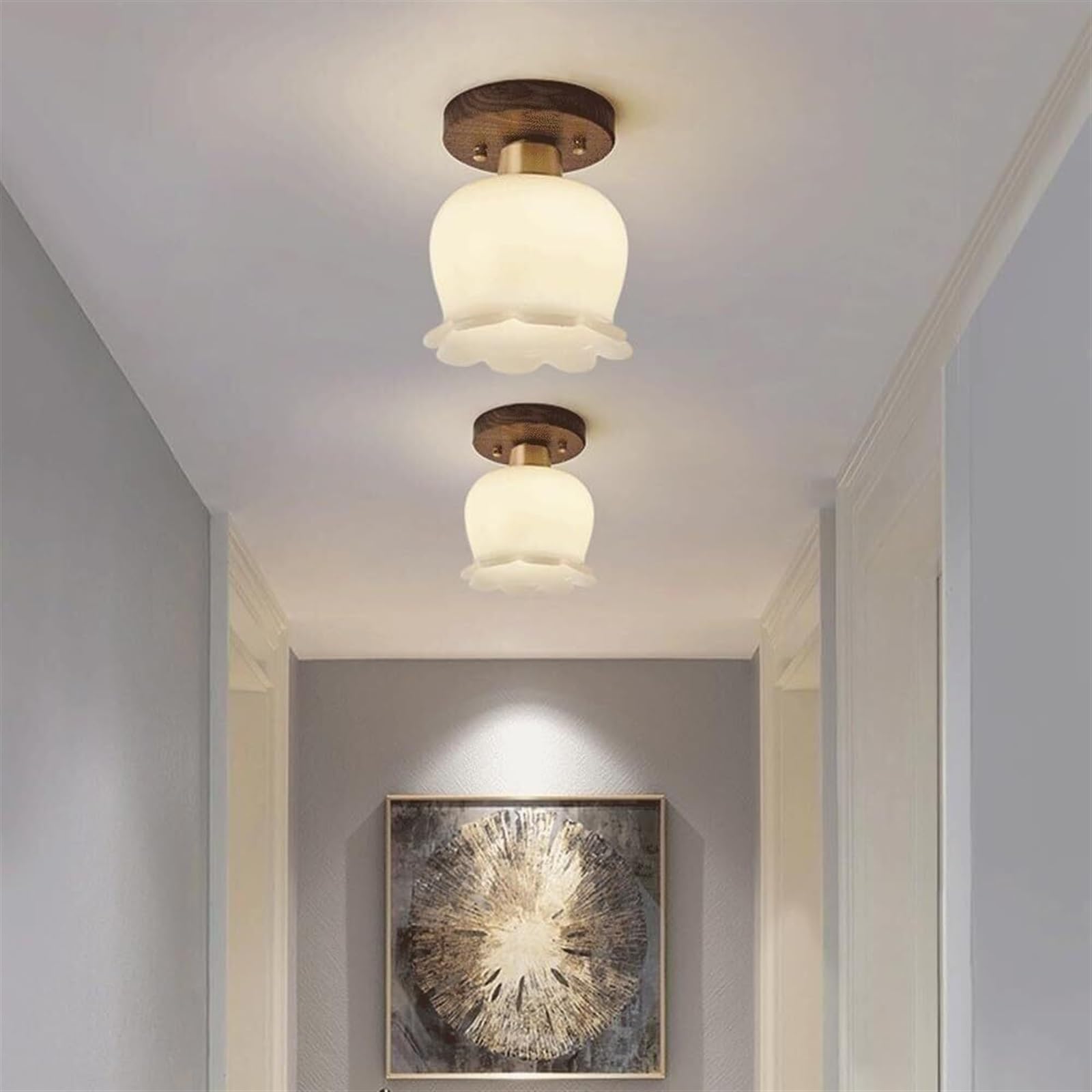 Nowoczesna półwpuszczana lampa sufitowa z orzecha włoskiego do przedpokoju - nordycka kreatywność z mlecznobiałym szkłem, retro lampa wisząca na wyspę kuchenną, sypialnię, korytarz i schody
