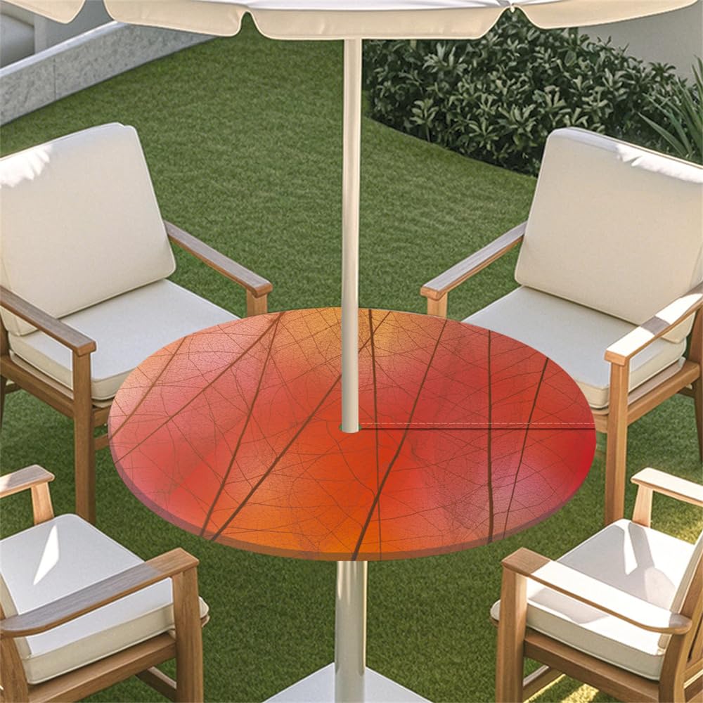 Surwin Outdoor Round Tablecloth with Parasol Umbrella Hole Zipper, Elastic Edge Fitted Protector Round Table Cloth Waterproof Table Cover for Garden BBQ Party -Summer Leaf (Red,S(79-89cm)