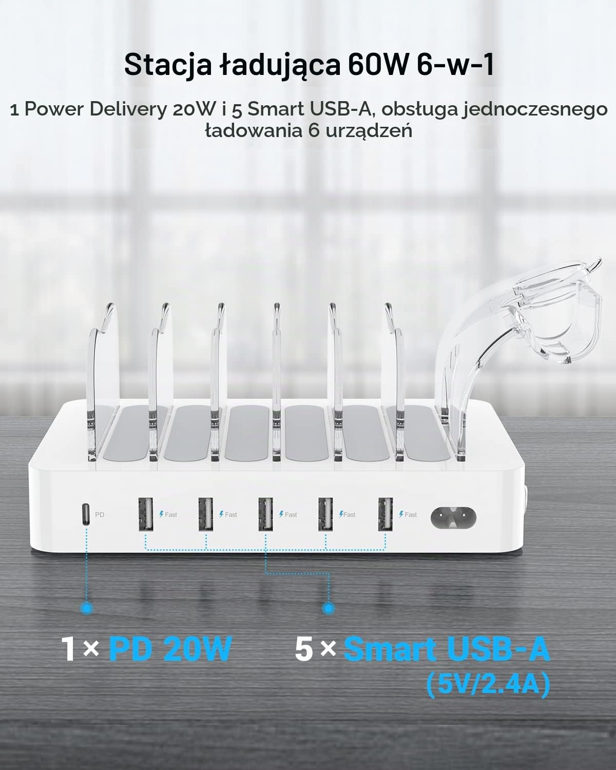 SooPii 6-portowa stacja ładująca 60 W/12 A do wielu urządzeń, szybkie ładowanie PD 20 W USB C do telefonu lPhone 14/13/12,2 cala 1 uchwyt, 6 krótkich kabli w zestawie do telefonów, tabletów i innych