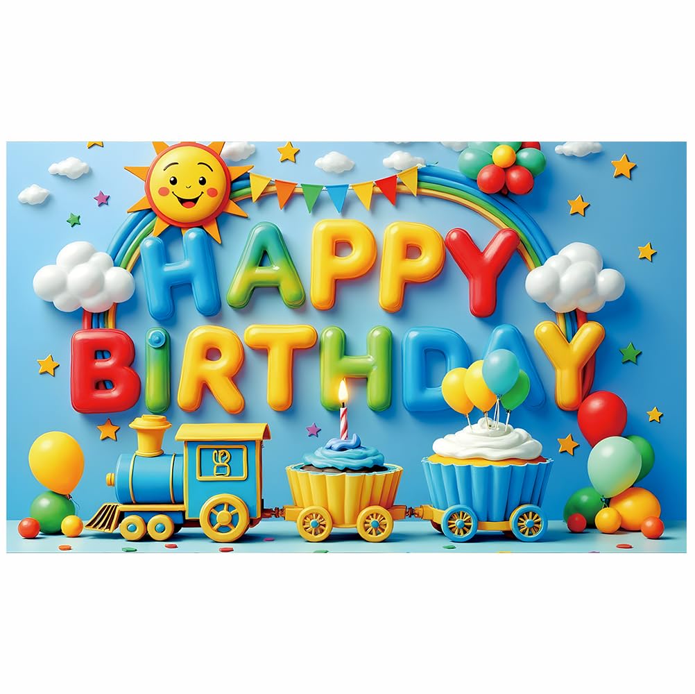 Happy Birthday Backdrop Banner Sign for Boys Girls Colorful Birthday Party Decorations Background Train Cakes Tablecloth Decor Supplies 5.9x3.6Ft