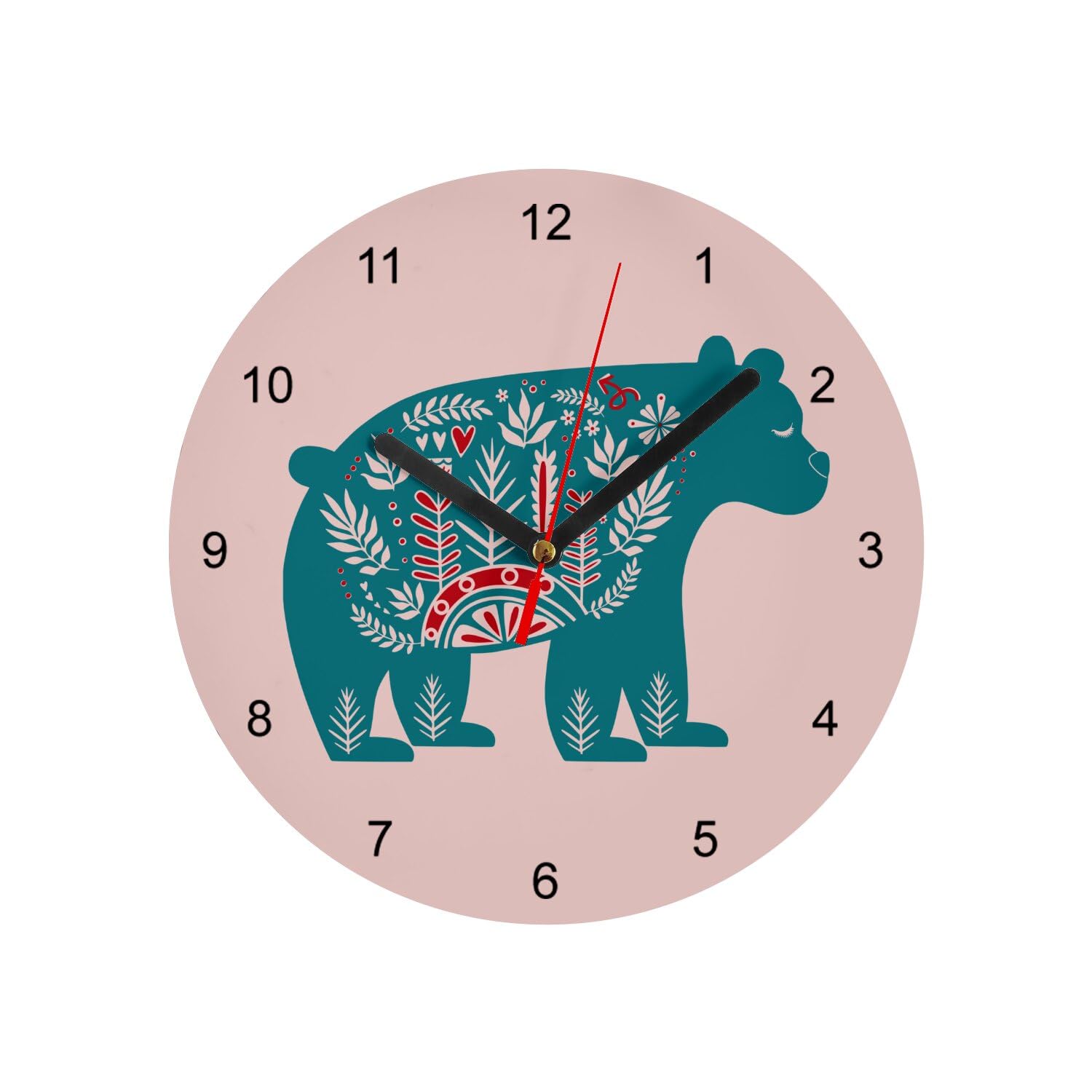Horloge murale en verre ours de Noël rose de 20 cm pour décoration hivernale