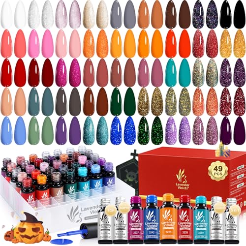 Lavender Violets 49 Pcs Gel Nail Polish Set, 45 Colors Gel Polish U V Nail Kit with Glitter Glossy Matte Base and Top Coat Set for Home Salon Manicure A906