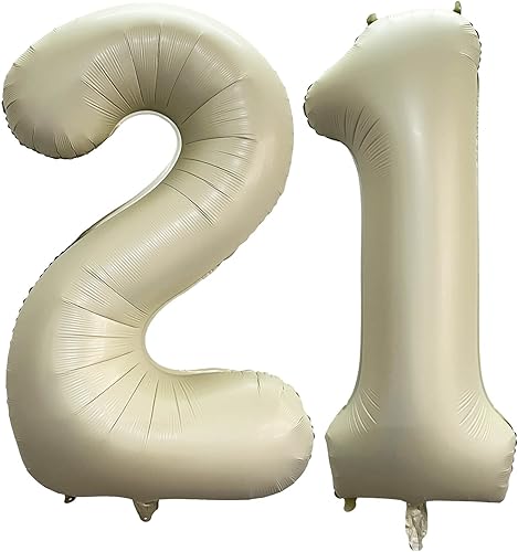 Globos de color blanco crema con el número 21 de 40 pulgadas, gigantes, color blanco arena, globos de helio de aluminio 12 número 21 para decoración