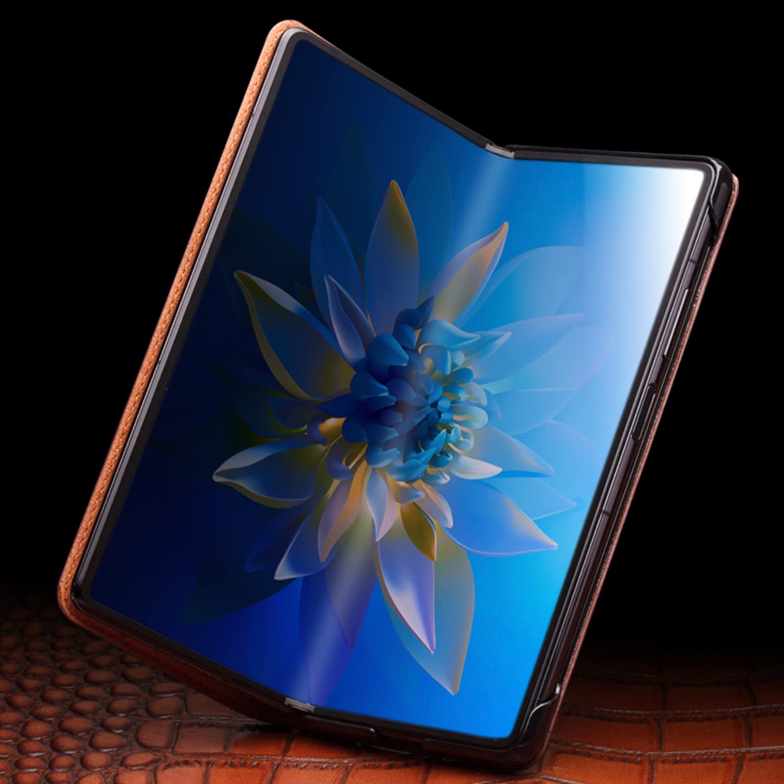 Etui kompatybilne z Huawei Mate X2, prawdziwa skóra pokrowiec z klapką przezroczysty widok okno podpórka inteligentny sen/budzenie magnetyczne zamknięcie, skórzane etui do Huawei Mate X2, czarne