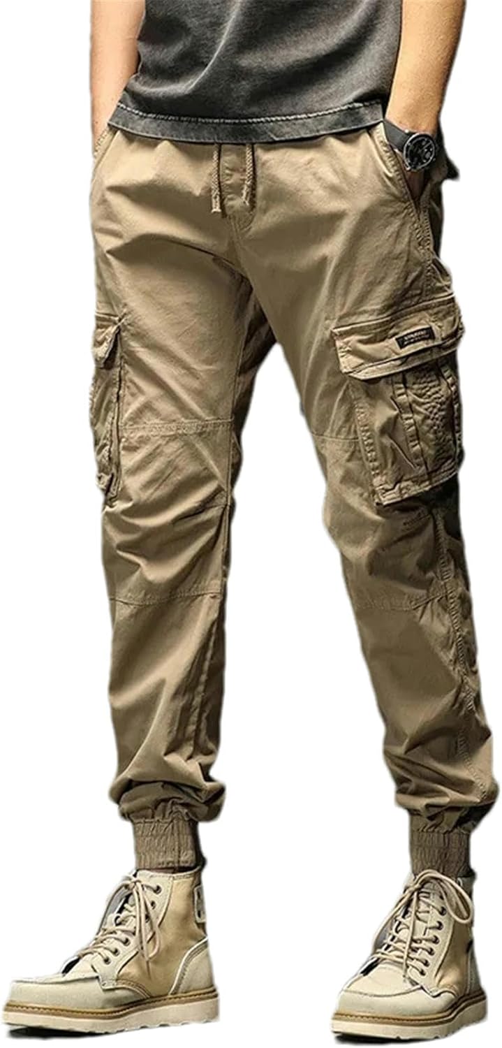 Cotton Multi Pockets Cargo Pants Men's Slim Fit Joggers Streetwear Casual Trousers Elastic Waist Pantalones