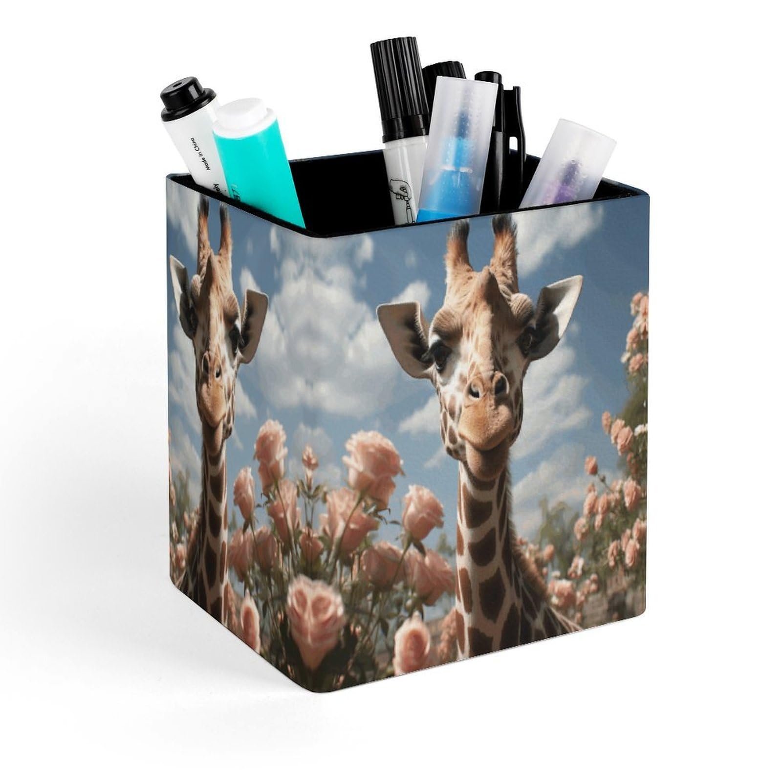 FekiLoot Beautiful Giraffe Pencil Holder for Desk Square Leather Pen Holder Cup Desktop Organizer Multi-Functional Pencil Cup Holders Modern Decorative Desk Organizer Caddy Makeup Brush Holders