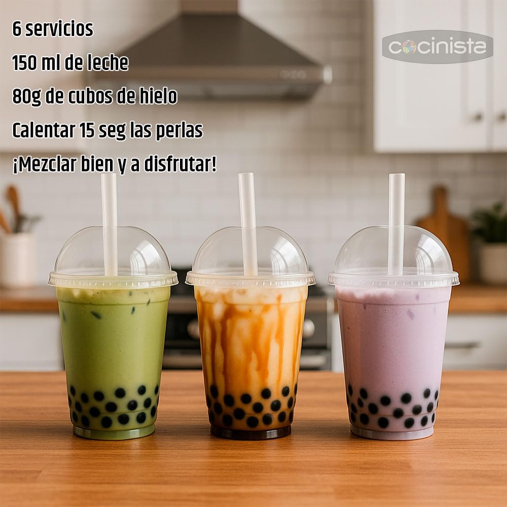 Kit Party Bubble Tea para 6 bebidas en casa listo en 15 s con perlas de tapioca boba y 3 sabores Matcha Azúcar Moreno Taro incluye vasos tapas pajitas